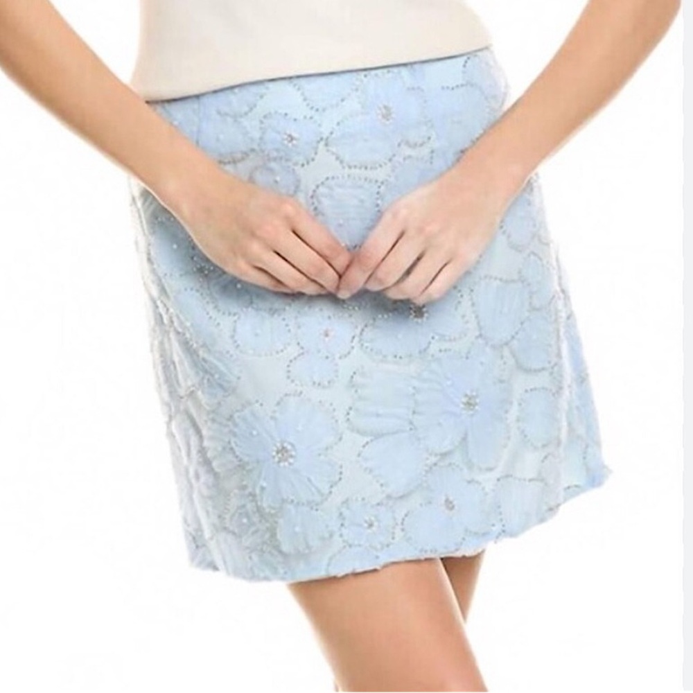 FLORA BEA Skirt Alona Blue Lace Floral Appliqué Pearls in Blue Size S • NEW •